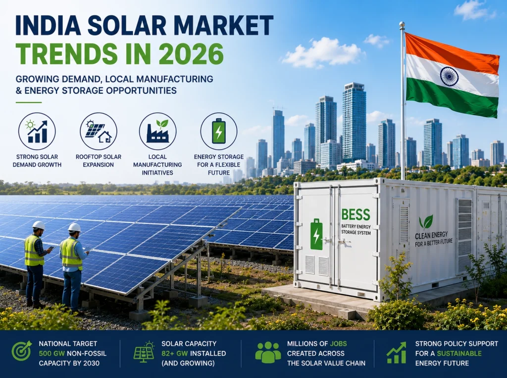 India solar market trends in 2026 with utility solar projects and BESS systems
