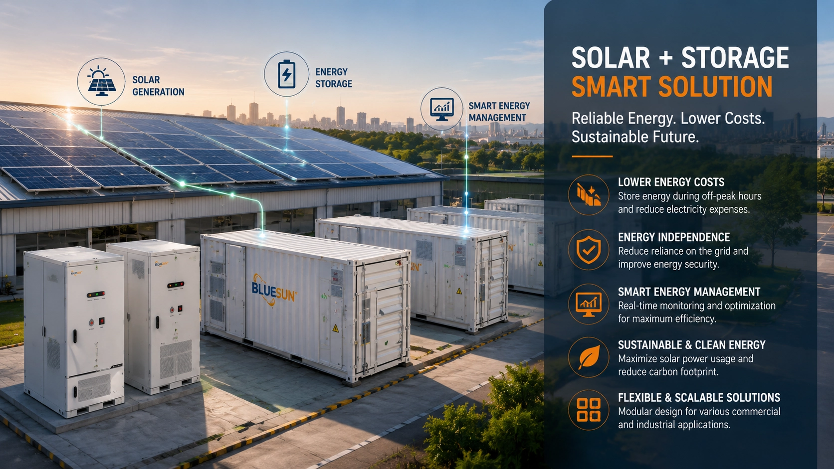 Commercial solar and energy storage smart solution with Bluesun BESS systems