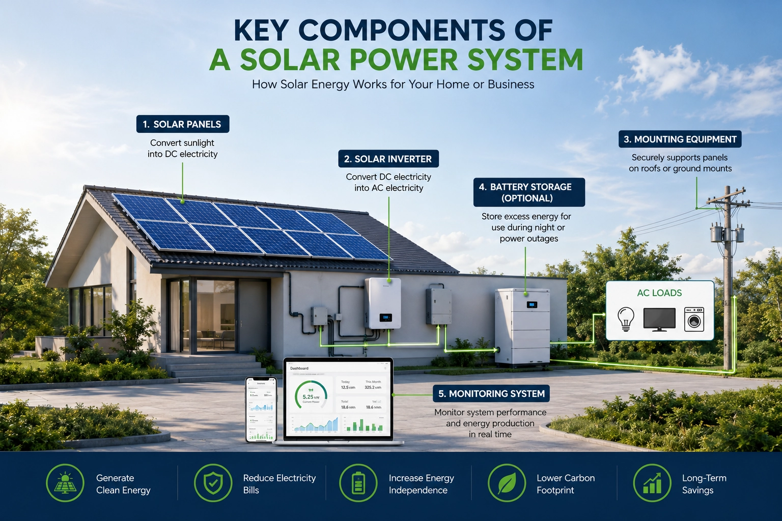 Key components of a solar power system including solar panels inverter battery storage and mounting structure