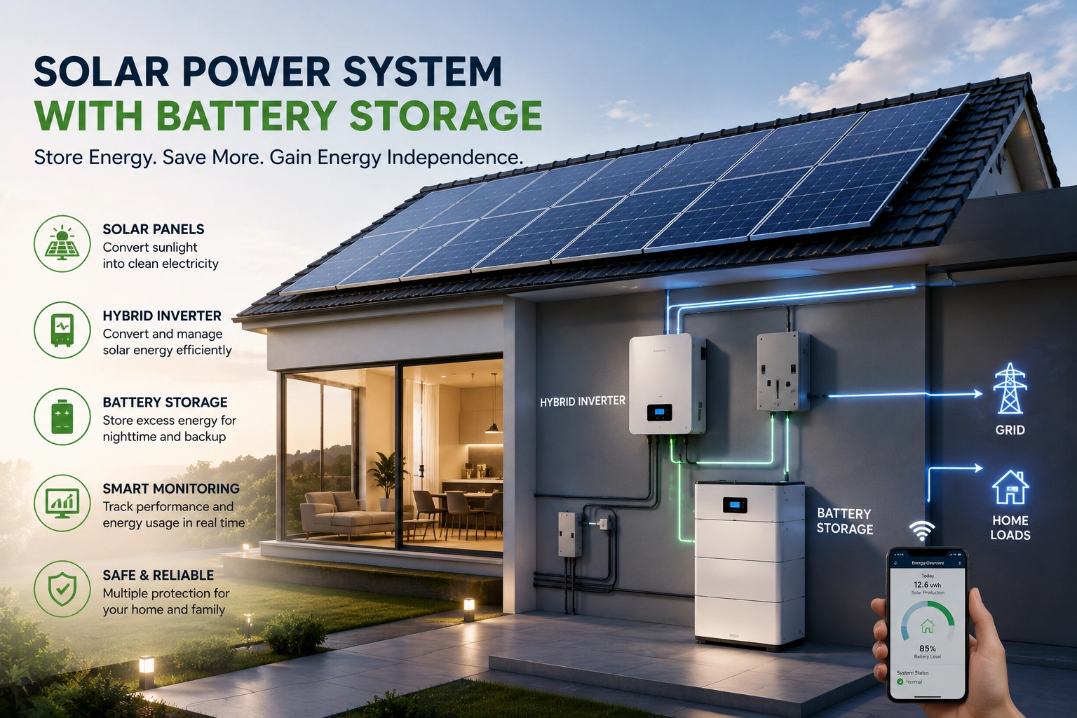 Solar power system with battery storage inverter and energy management for residential and commercial use