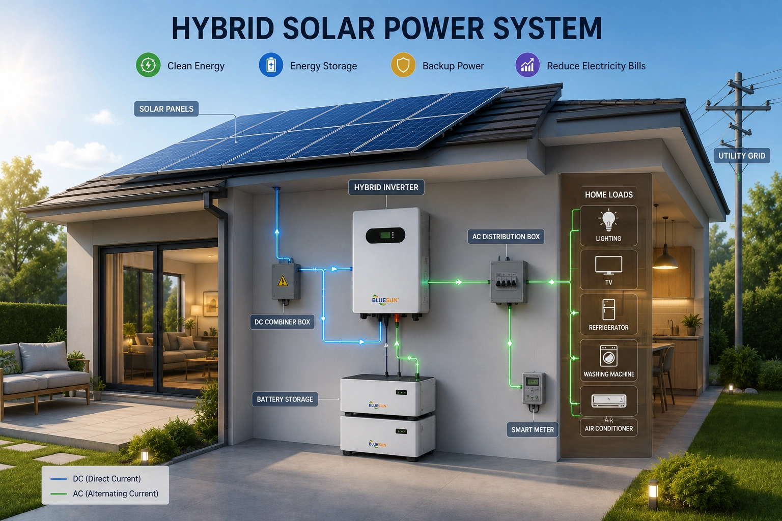 Hybrid solar power system with solar panels inverter and battery storage