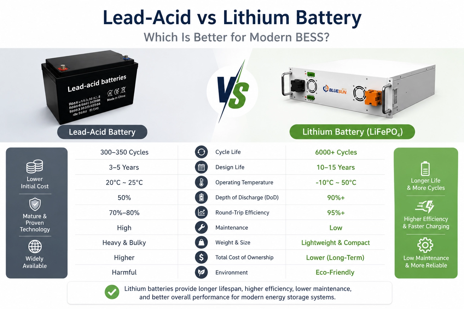 Lead-acid battery vs lithium battery comparison for BESS systems