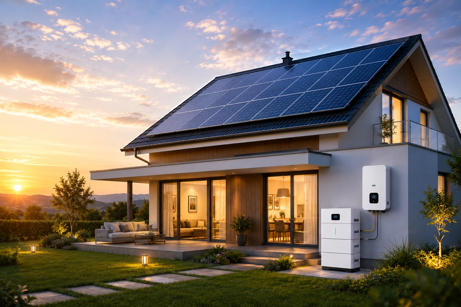 Modern residential house with rooftop solar panels and home energy storage system