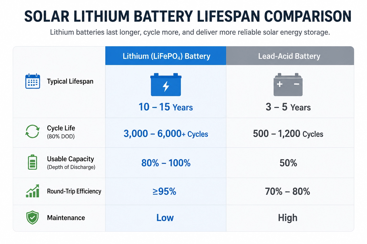 Solar lithium battery lifespan and cycle life comparison chart