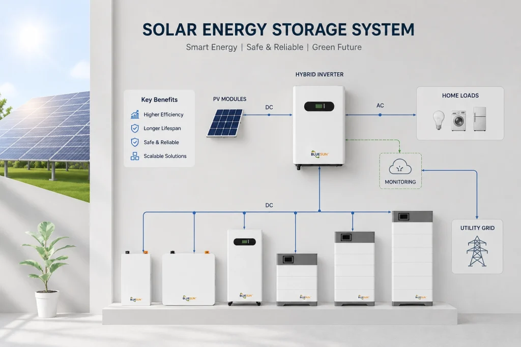 Solar energy storage system with lithium batteries, hybrid inverter, and photovoltaic panels