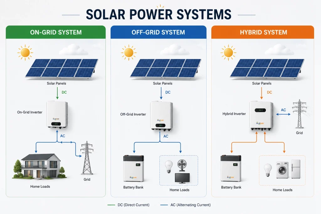 Different types of solar power systems including on-grid off-grid and hybrid systems