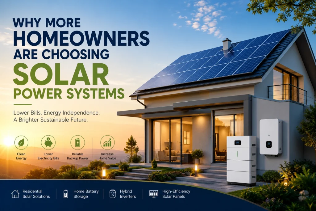 Modern residential solar power system with rooftop solar panels and home battery storage