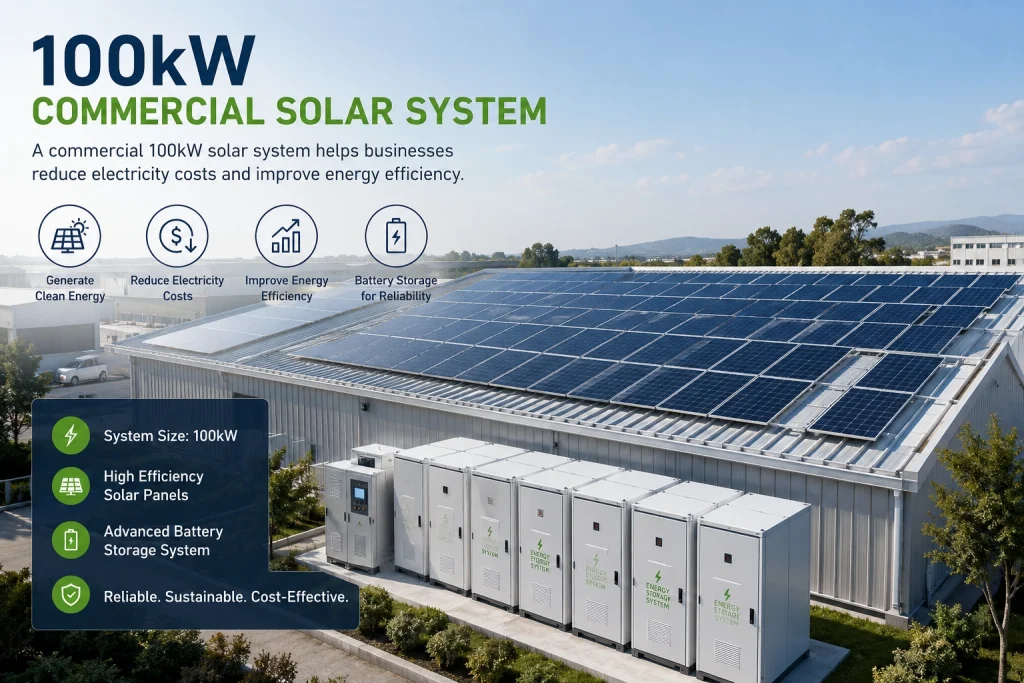 Commercial 100kW solar system with photovoltaic panels and battery storage