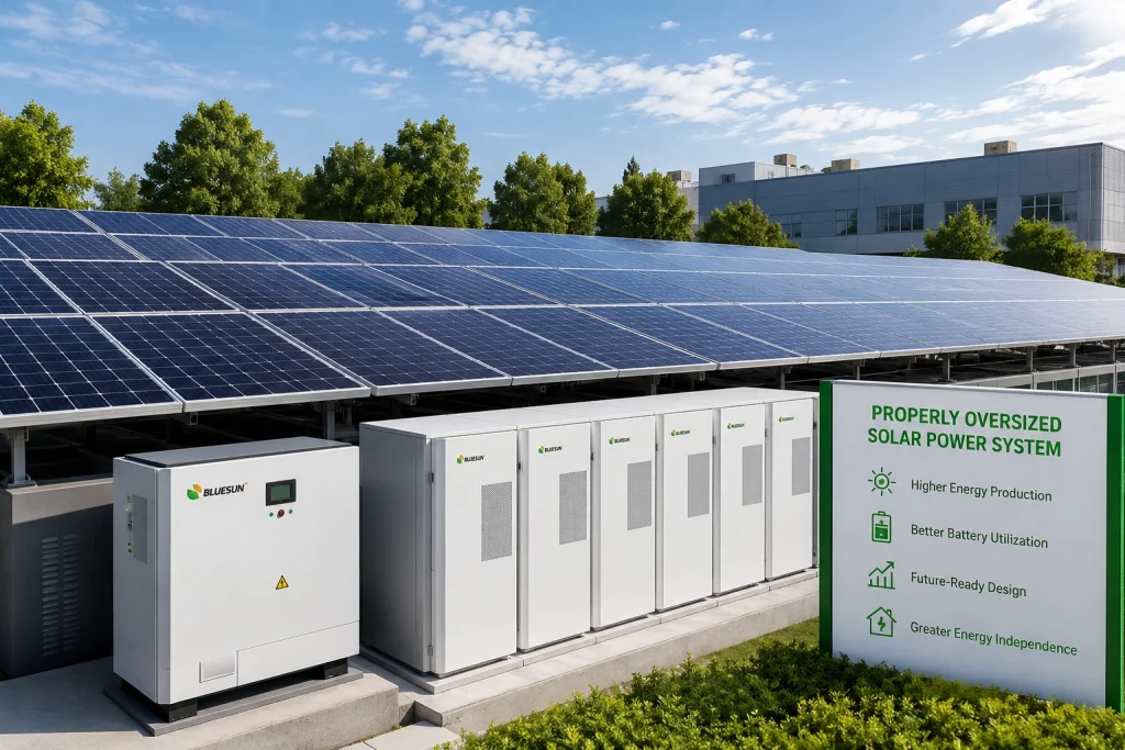 Properly oversized solar power system with solar panels and battery storage