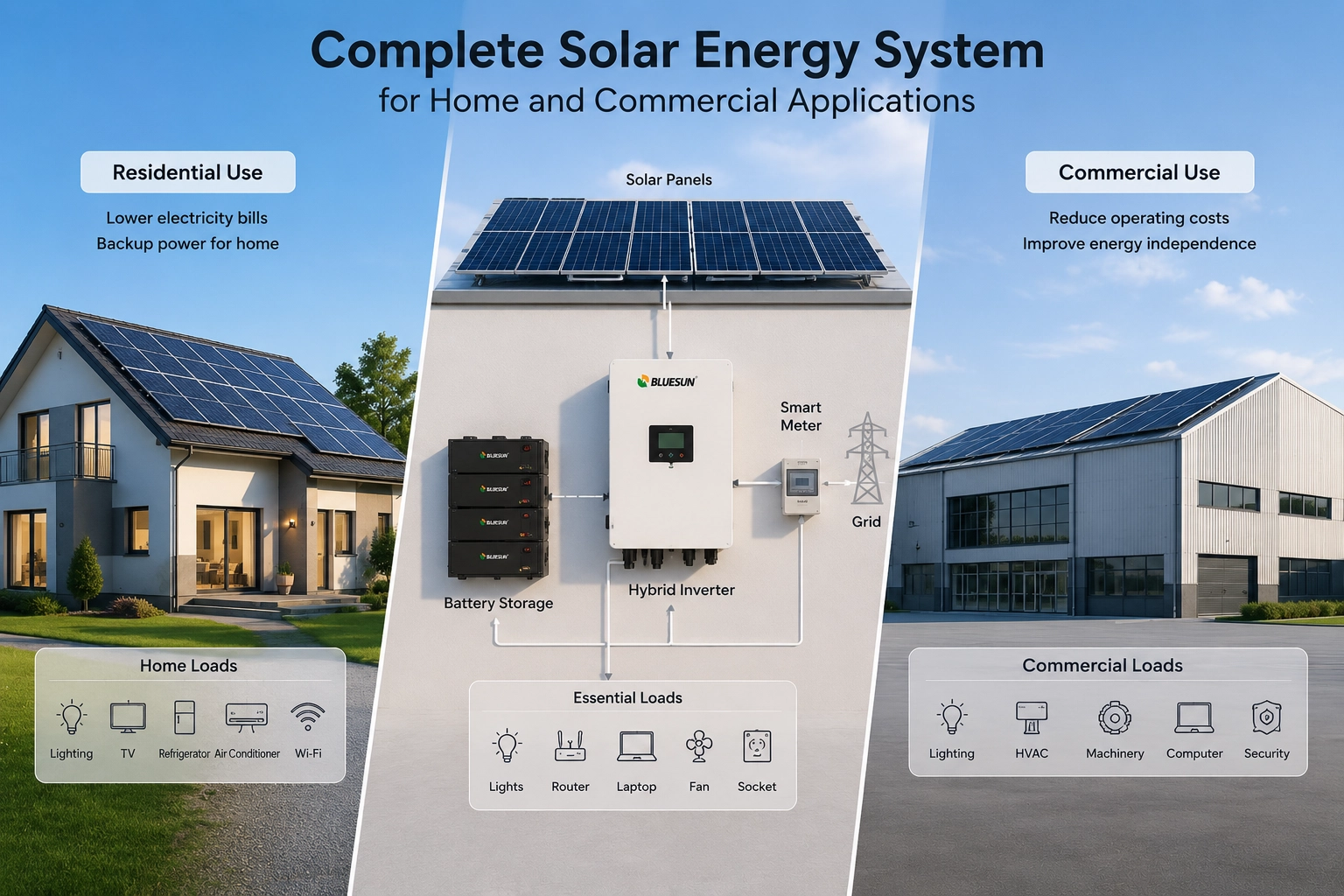 Complete solar energy system for home and commercial applications
