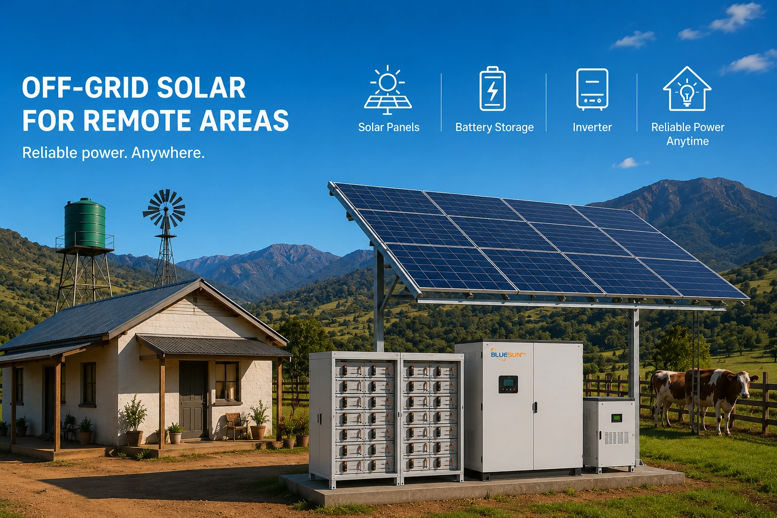 Off-grid solar system for remote homes, farms, and rural applications