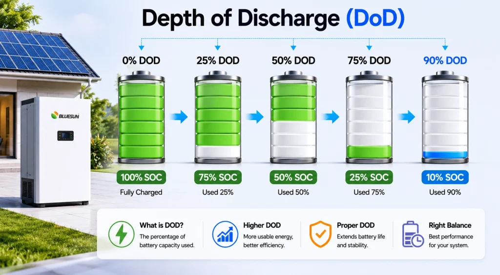 Depth of discharge in solar battery energy storage systems