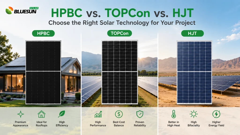 TOPCon vs HJT vs HPBC solar technology comparison for different solar projects