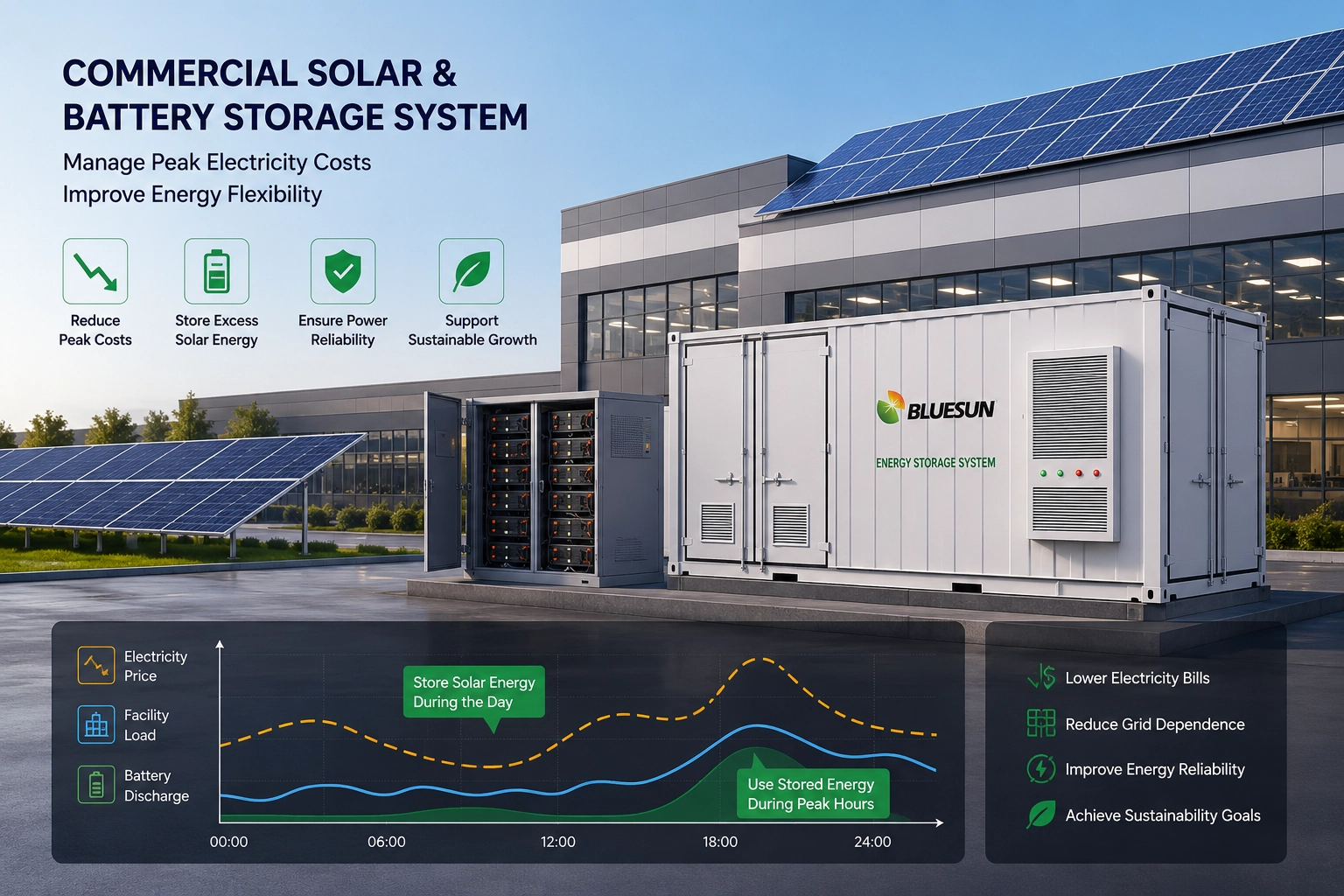 Commercial solar and battery storage system for peak electricity management
