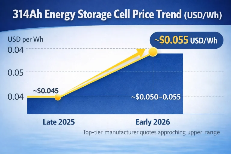 314Ah energy storage cell price trend from 2025 to 2026 rising from 0.045 to 0.055 USD per Wh