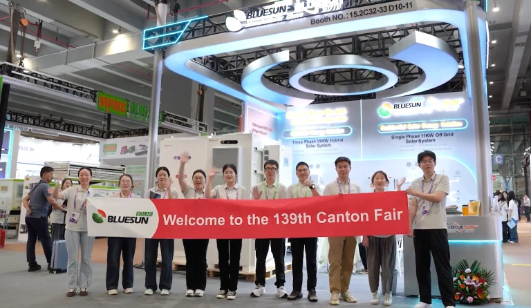 Bluesun Solar team at Canton Fair booth showcasing energy storage solutions