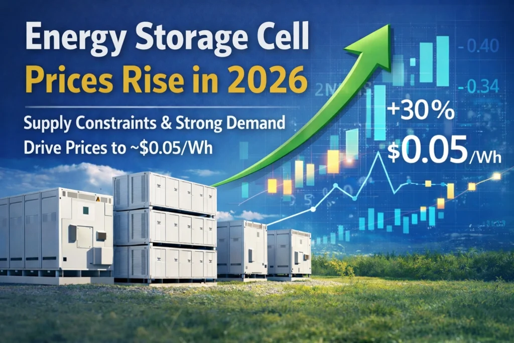 energy storage cell prices rise in 2026 to around 0.05 USD per Wh due to supply constraints and strong demand
