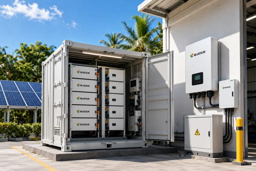 Commercial battery energy storage system with solar inverter and lithium battery solution