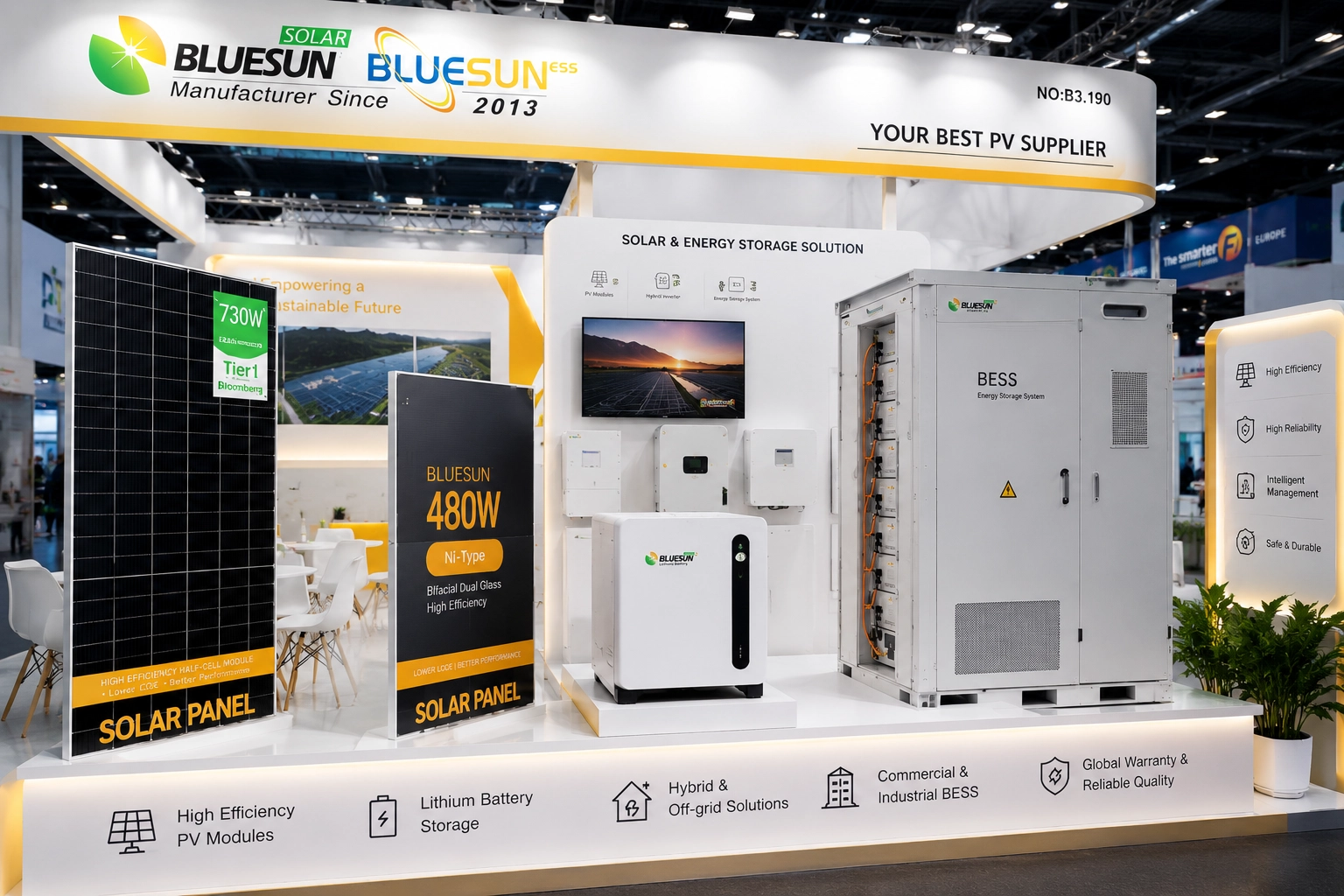 High efficiency solar panels and BESS systems at photovoltaic exhibition