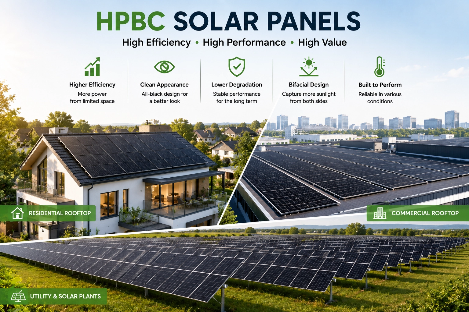 HPBC solar panels for residential and commercial rooftop solar applications