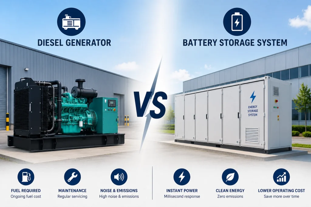 Battery storage system compared with diesel generator for commercial backup power