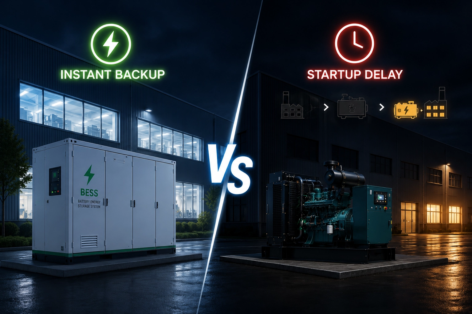 Instant battery backup compared with diesel generator startup delay
