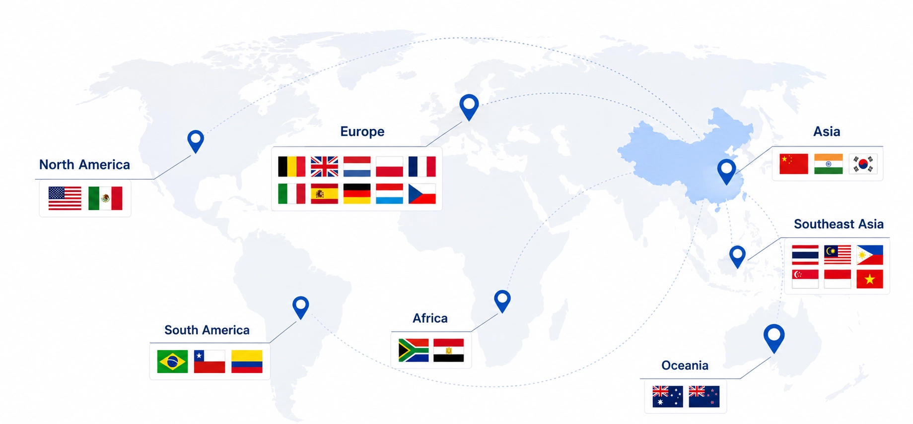 Bluesun Solar global business network across Asia, Europe, North America, South America, Africa and Oceania