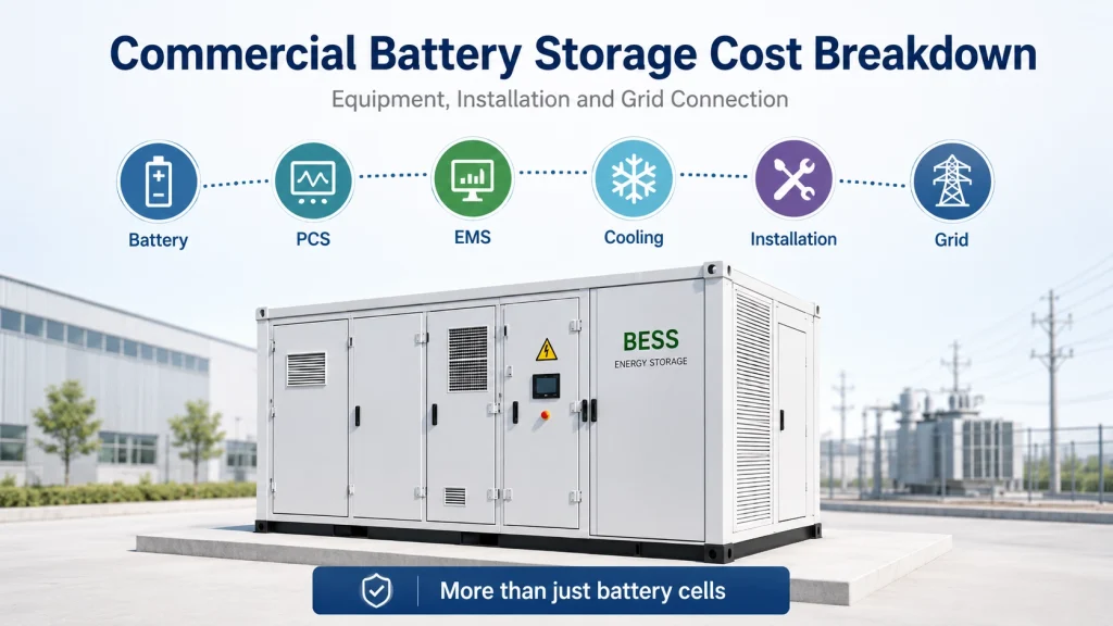 Commercial BESS cost breakdown including battery PCS installation and grid connection