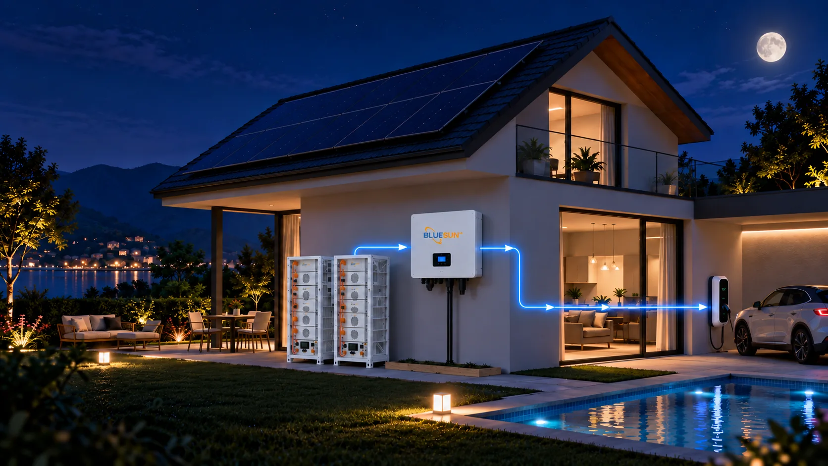 Bluesun battery storage powering home at night