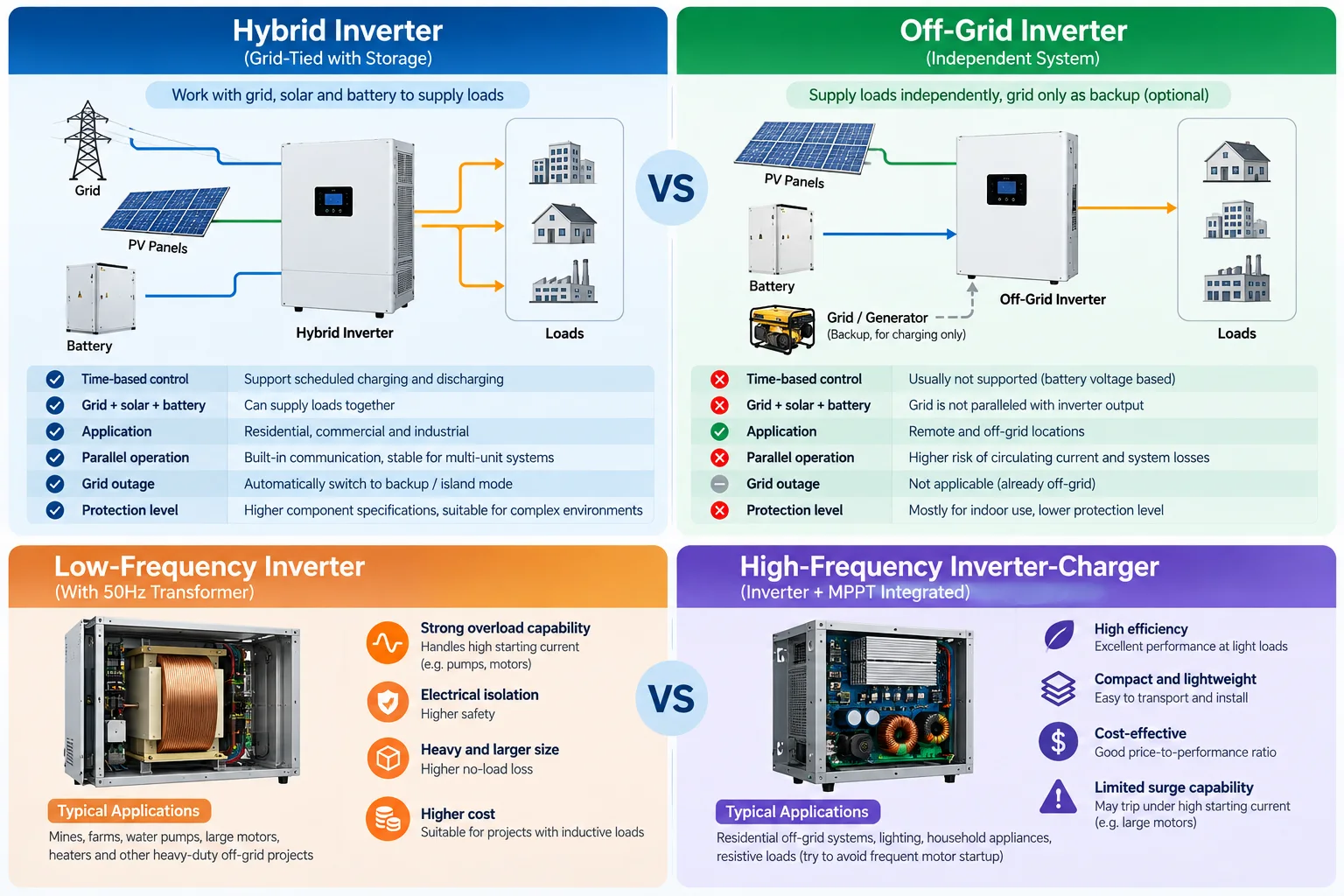Technical comparison of hybrid, off-grid, low-frequency and high-frequency inverters